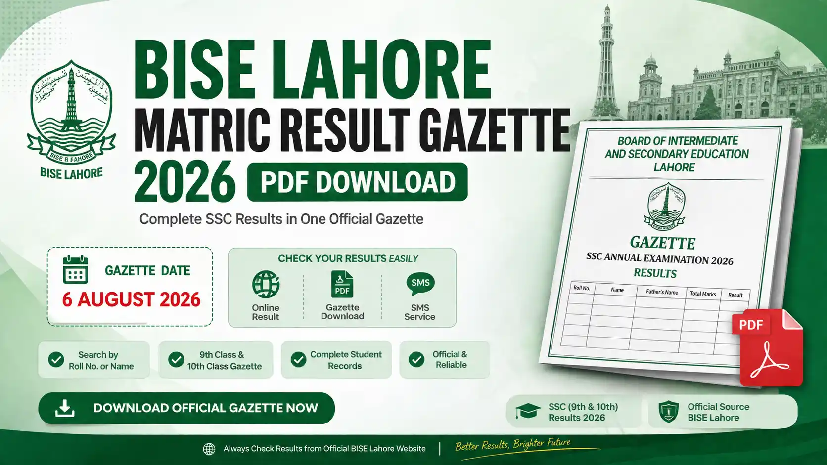BISE Lahore Matric Result Gazette 2026
